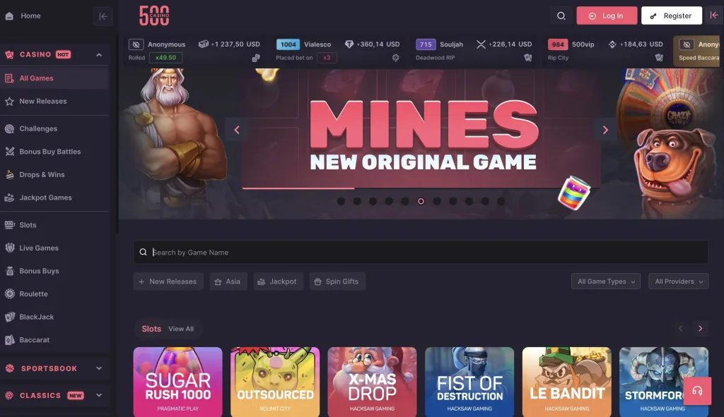 500 Casino home page