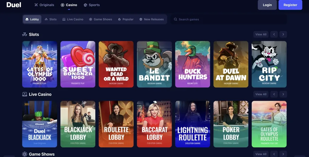 Duel casino main page